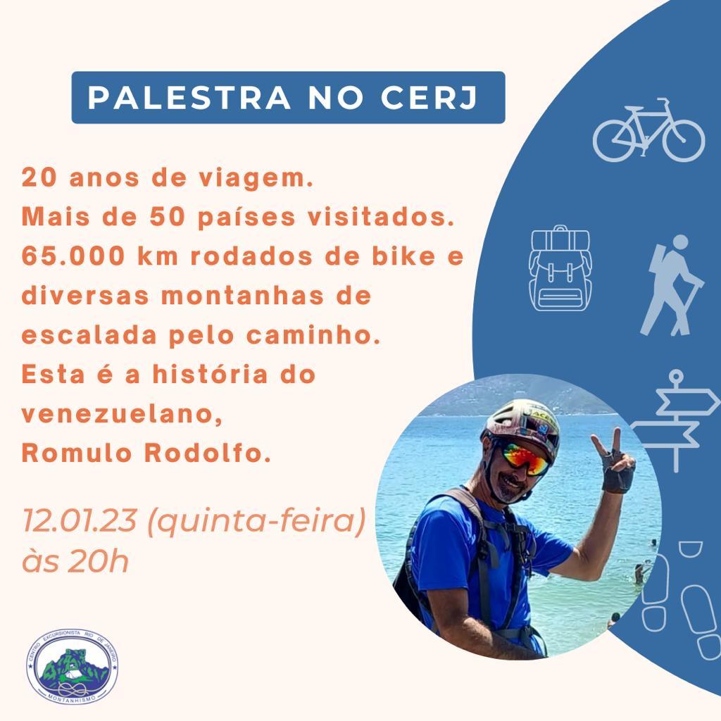 Palestra no CERJ - Romulo Rodolfo, 20 anos de viagem, mais de 50 países e 65 mil km rodados de bike e diversas montanhas escaladas pelo caminho. Foto do Romulo de óculos e capacete acenando com o mar ao fundo.